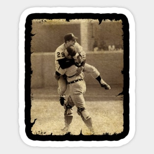 Bill Freehan and Mickey Lolich Hug Each Other After The Tigers Came Back, 1968 Sticker